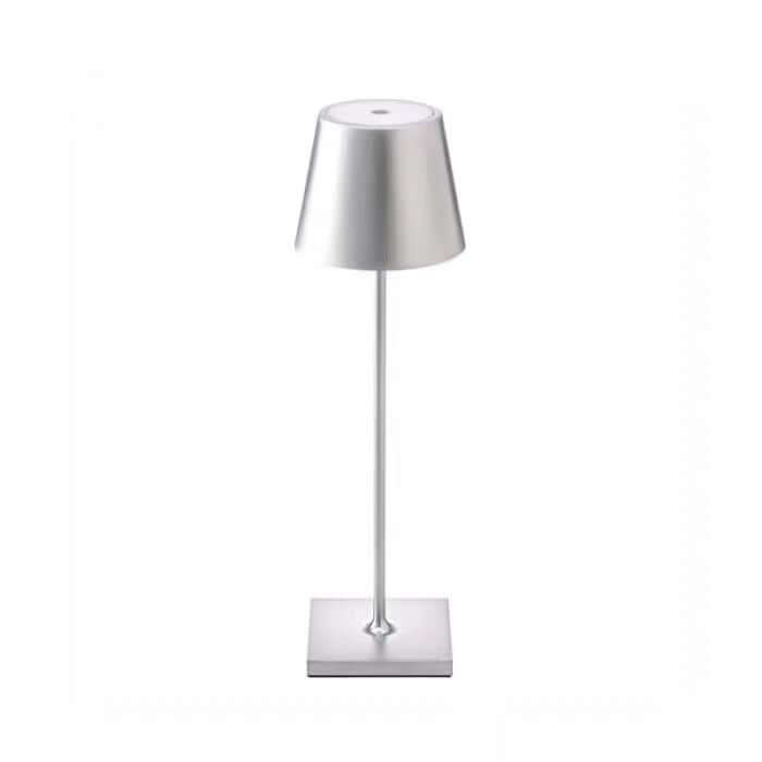 Rechargeable wrought iron desk lamp with adjustable stem and sleek design, perfect for reading and workspace illumination.