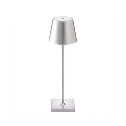 Rechargeable wrought iron desk lamp with adjustable stem and sleek design, perfect for reading and workspace illumination.
