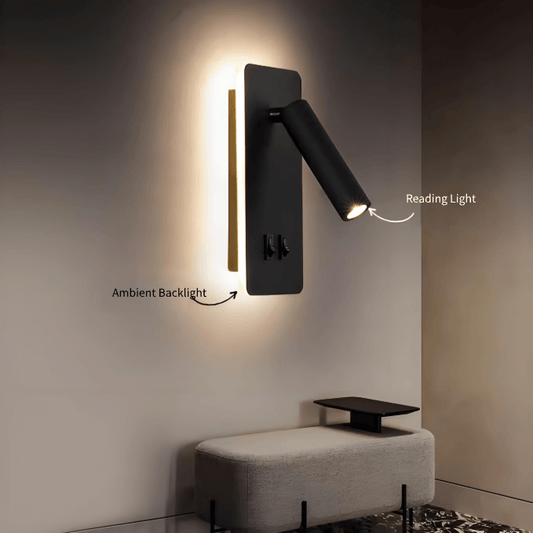 Rotatable LED reading wall lamp with ambient backlight and adjustable reading light, ideal for modern interiors.