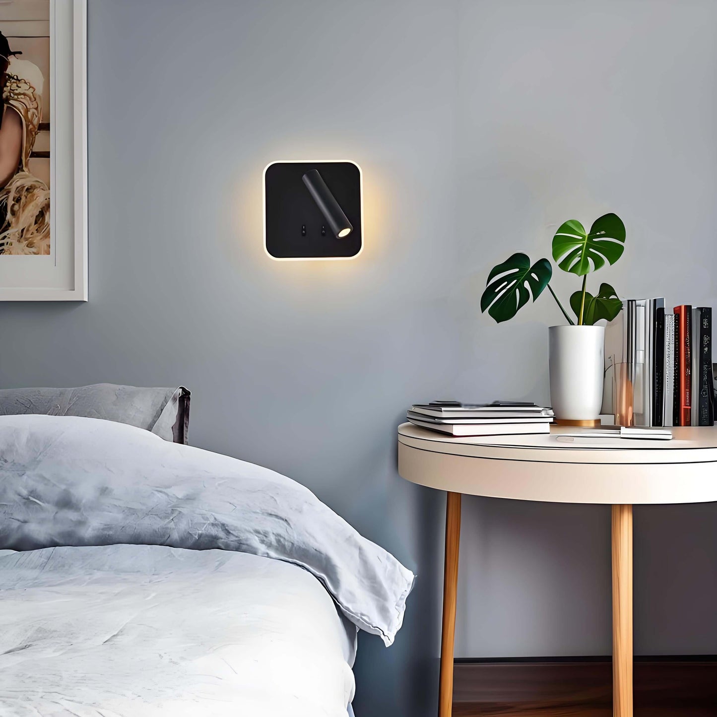 rotatable LED reading wall lamp – Dual-Head Dual Control mounted beside a bed, providing stylish reading and ambient light.