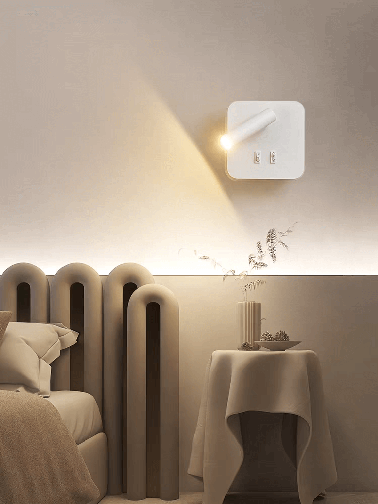 Rotatable LED reading wall lamp – Dual-Head Dual Control illuminating a stylish bedroom wall above a bedside table.