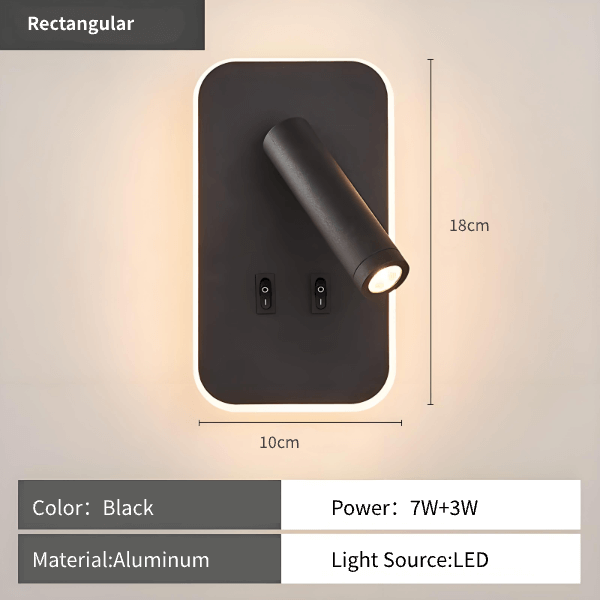 rotatable LED reading wall lamp –  Dual-Head Dual Control in black with adjustable LED light source.