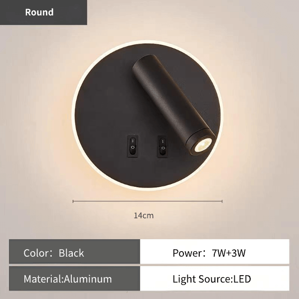 rotatable LED reading wall lamp –  Dual-Head Dual Control in black aluminum, featuring dual light sources 7W and 3W.