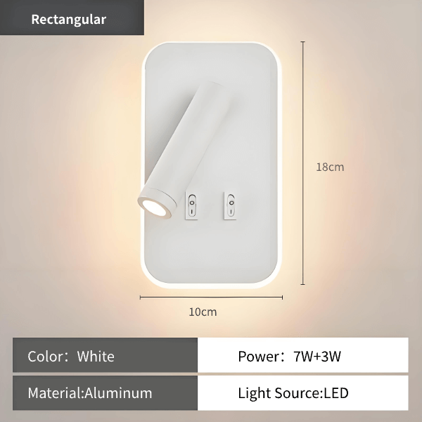 rotatable LED reading wall lamp –  Dual-Head Dual Control showing dimensions and features including dual light source.