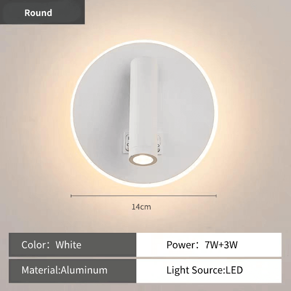 Rotatable LED reading wall lamp – Dual-Head Dual Control, round design, white aluminum light, 7W+3W LED power.