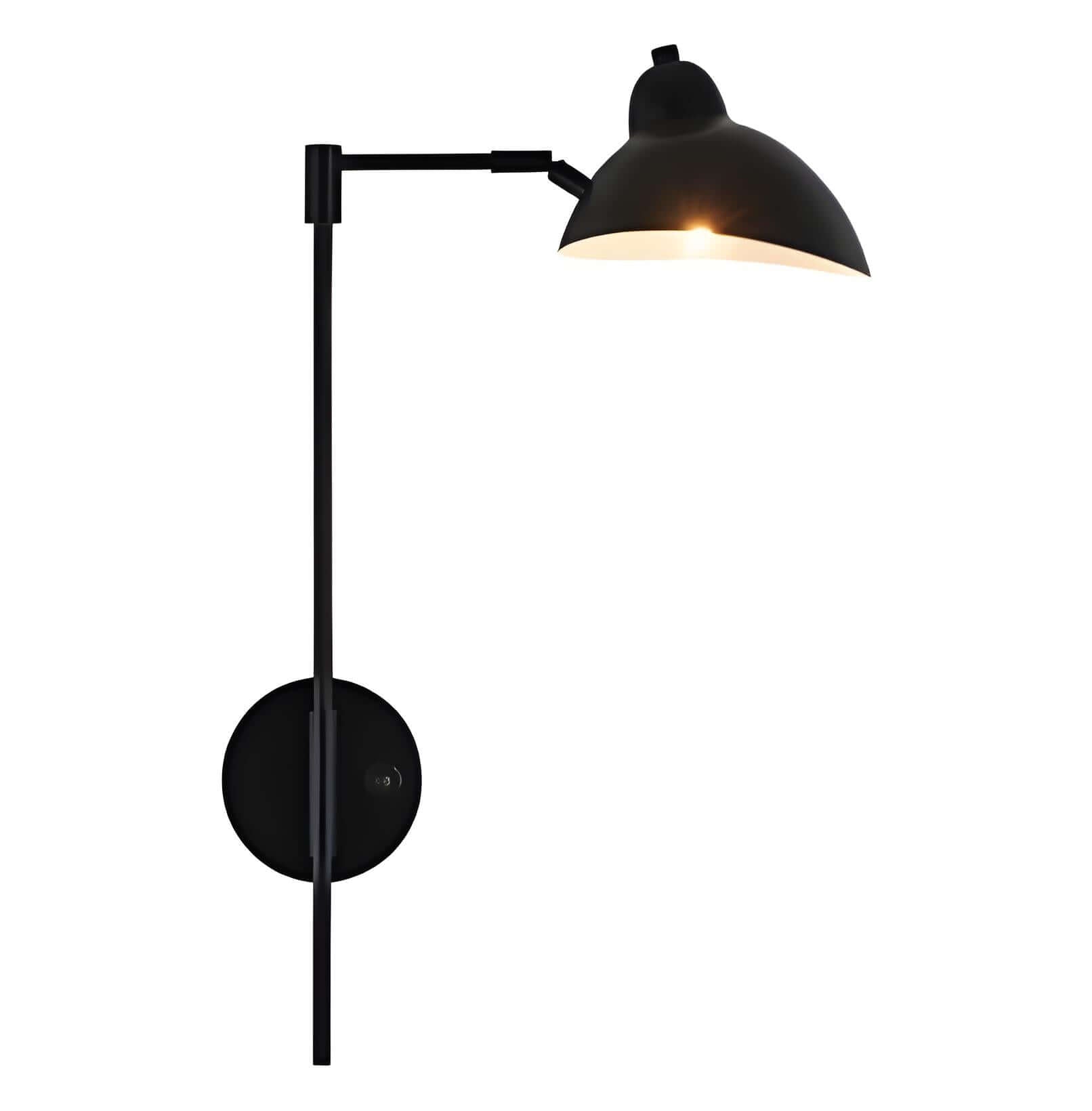 Vintage swing arm wall lamp in black metal with adjustable shade, ideal for reading and ambient lighting.