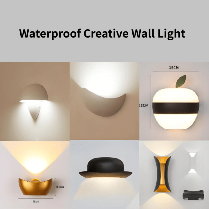 Variety of waterproof creative wall lights featuring mushroom, crescent moon, apple, and hat designs.